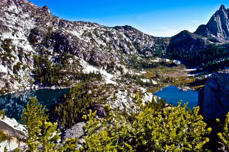 Enchantment Basin and Gnome Tarn from Prusik Pass in the Alpine Lakes Wilderness.
