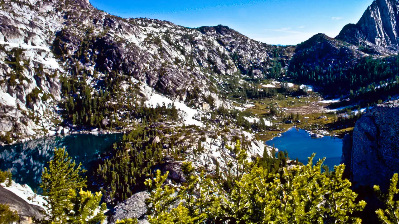 Enchantment Basin and Gnome Tarn from Prusik Pass in the Alpine Lakes Wilderness.