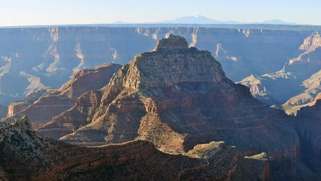 Sunrise on Vishnu Temple from the North Rim of Grand Canyon National Park.